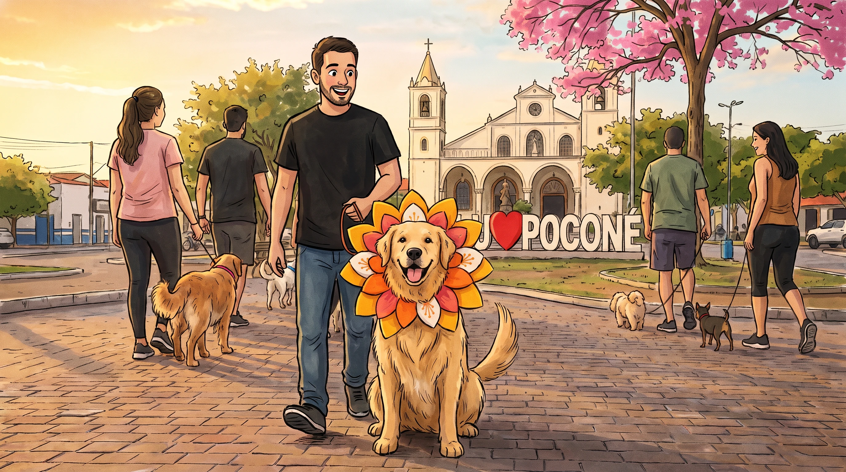 Ilustração da Cãominhada em Poconé, com tutores caminhando ao lado de seus cães